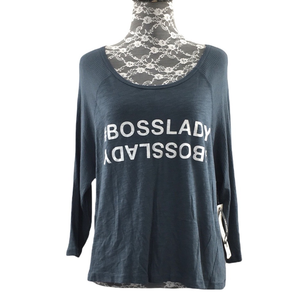 Nanette Lepore Gray Blue #BossLady Graphic Tee Womens SP 3/4 Sleeve Crop Top